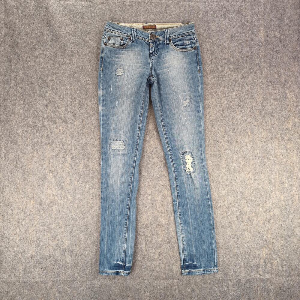 ZD Jeans Juniors 5 Blue Distressed Skinny Stretch Denim Low Rise Embroidered